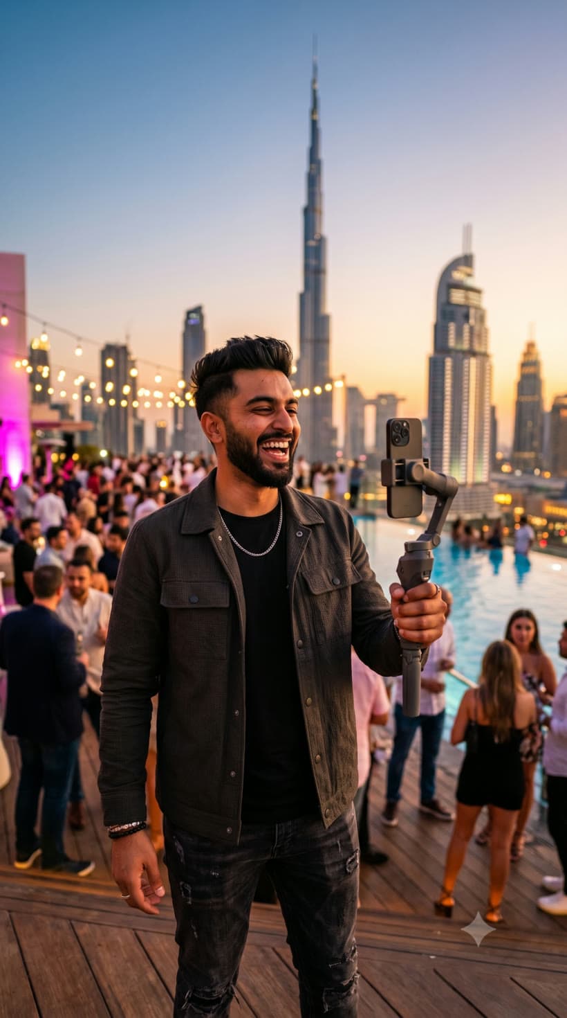 A lively Dubai waterfront neighbourhood at golden hour.